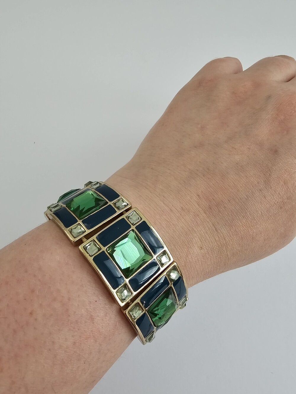 Chico's Green Enamel Square Panel Stretch Bracelet Retro Art Deco Gold Tone​
